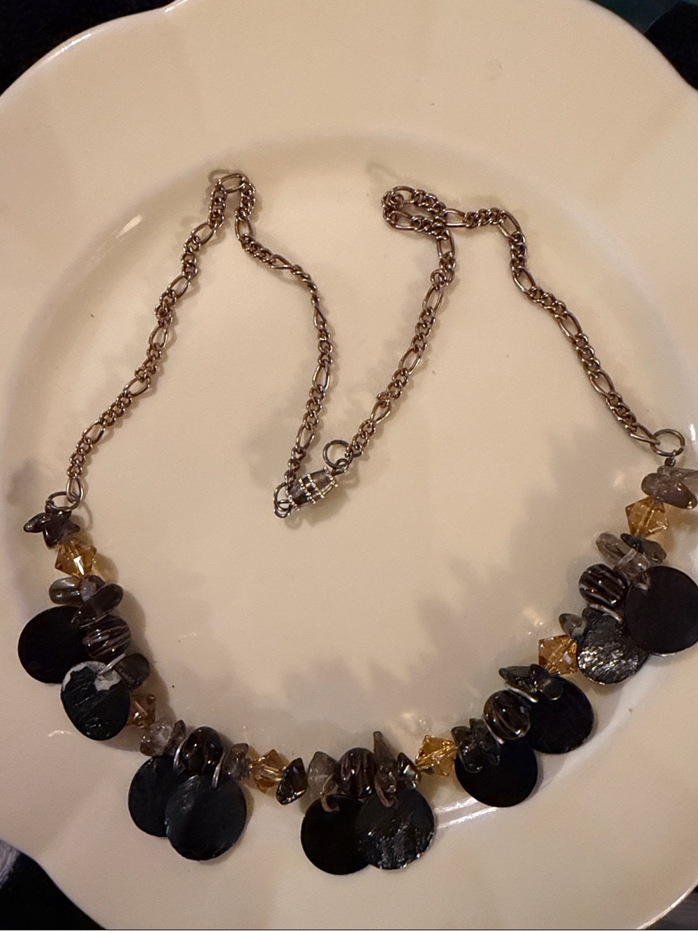 Source Unknown Gold-Tone Necklace with Black Discs and Amber Beads